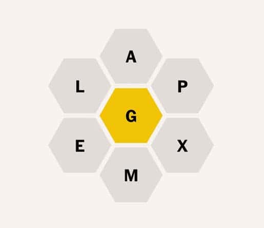 scrambled letters in a beehive structure, a spelling bee puzzle.  
