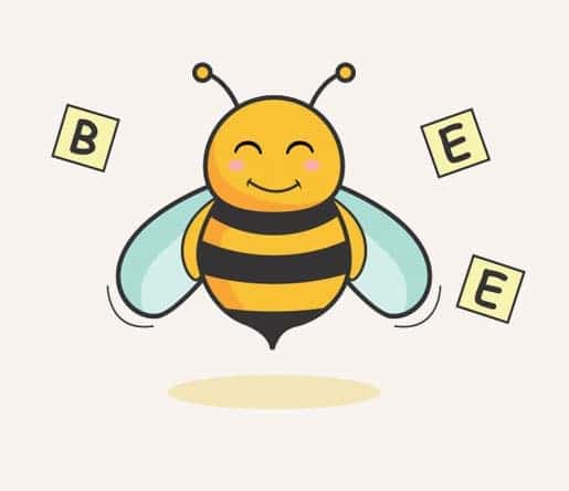 cartoon of a Bee with scattered letters BEE around.