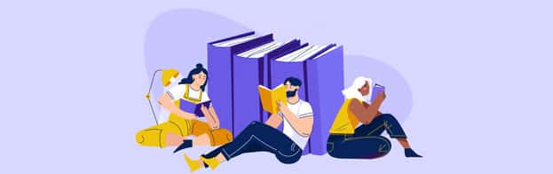 Cartoon images of men and women reading spelling bee books and images of Spelling books. 